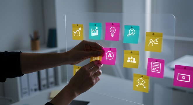 Creative Business Planning with Sticky Notes and Icons on Transparent Board