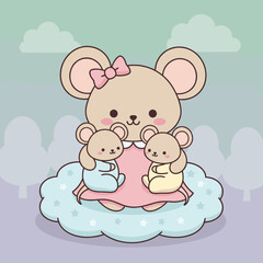 Cute cartoon mother mouse holding two baby mice on a cloud  