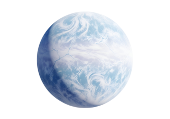 A frozen celestial sphere, with pale blue and white patterns, showcases a fractured, icy world against a dark backdrop.