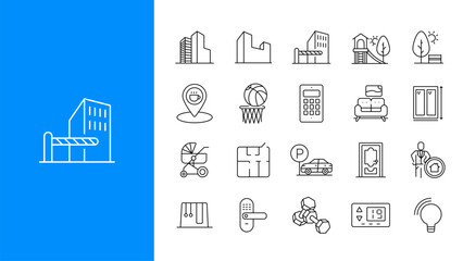 Real estate line icons set. Apartments, buildings, housing, mortgage, smart home, parking, furniture, playground, interior and architecture. Outline vector illustration.