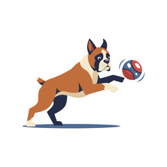 Boxer dog jumping to catch a ball with playful expression  