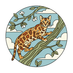 Bengal cat climbing on tree branch surrounded by flowers and sky  