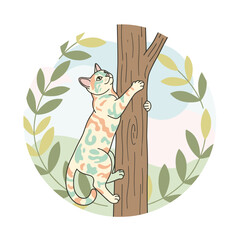 Playful bengal cat climbing a tree in a whimsical nature scene  