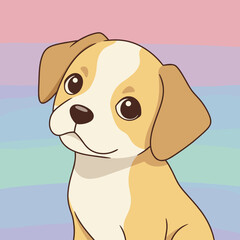 Cute cartoon puppy sitting with love heart in blue sky background  