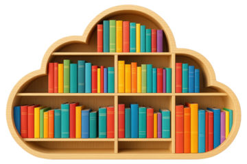 Cloud shaped bookshelf with many colorful books on white background reading library isolated on a transparent background