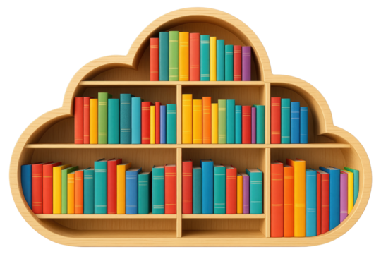 Cloud shaped bookshelf with many colorful books on white background reading library isolated on a transparent background - Powered by Adobe