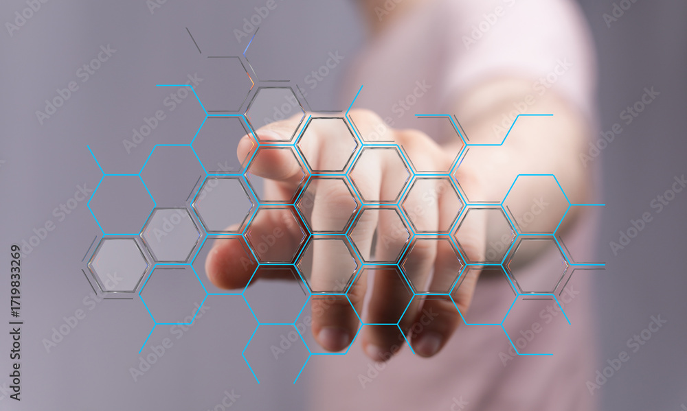 Poster abstract image of hand interacting with a futuristic digital hexagon network. perfect for tech, inno