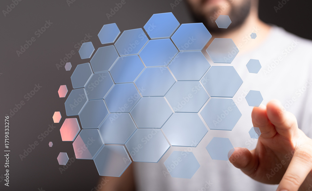 Poster abstract image of a man interacting with a digital hexagon network. perfect for technology, connecti