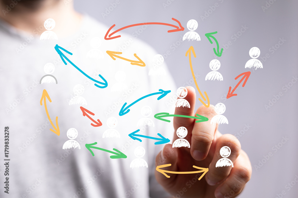 Poster visual of a hand interacting with a network of people, symbolizing connection and collaboration.