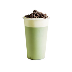 Isolated Oreo matcha milk foam drink on white background, milk tea cafe assets