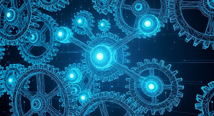 Dynamic interconnected glowing blue digital gears mesh, symbolizing innovation and complex systems in technology