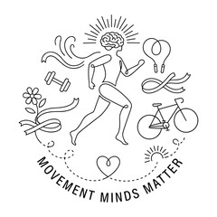 Fototapeta premium Runner with brain head in minimalist line art in black and white