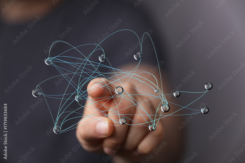 Poster abstract image of a hand interacting with a network, representing connection, innovation, and techno