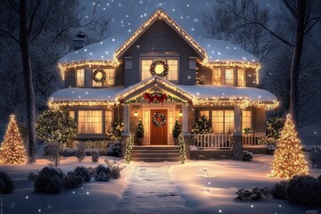 Stylish house decorated with Christmas lights christmas winter wreath.