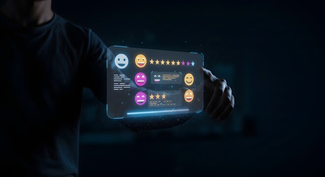 Customer feedback review interface with emojis and stars, user touching screen