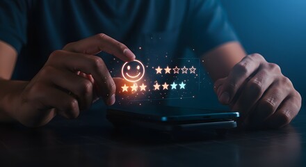 Customer giving a 3-star rating and a happy face emoji on a smartphone screen, representing feedback and satisfaction.