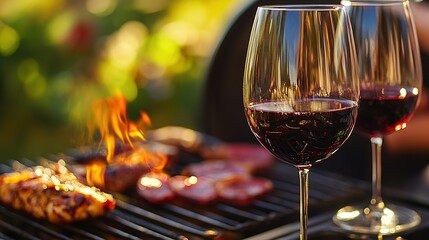 A vibrant scene featuring grilled meats and glasses of red wine, set against a blurred greenery backdrop, evoking a lively outdoor dining atmosphere.