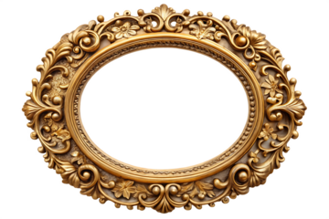 Ornate antique gold oval picture frame with floral isolated on a transparent background
