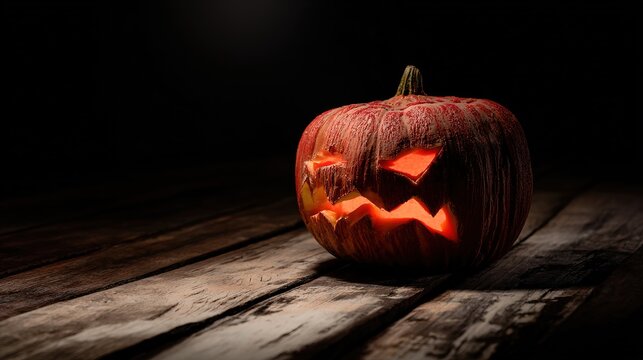 ominous. Carved Halloween pumpkin emitting an eerie orange glow, placed on weathered wooden planks for a spooky effect. event programs
