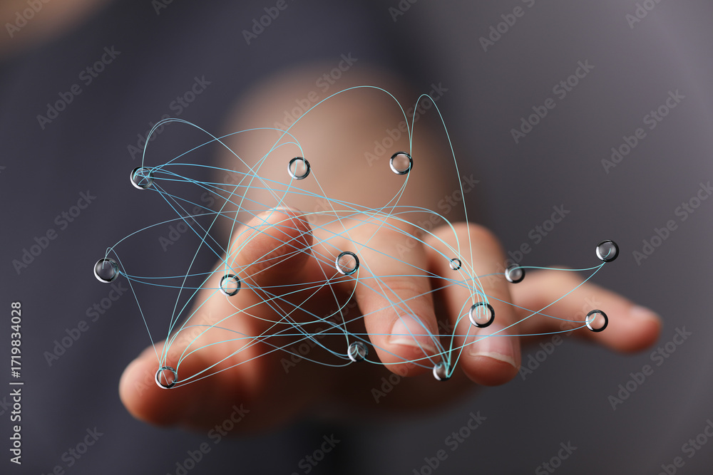 Poster abstract image of hand interacting with digital network. ideal for technology, connection, and globa