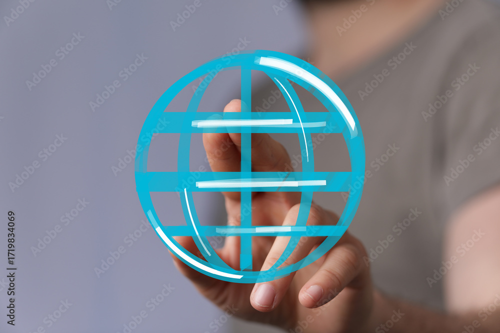Poster high-quality image of a hand interacting with a digital global network icon. perfect for technology,