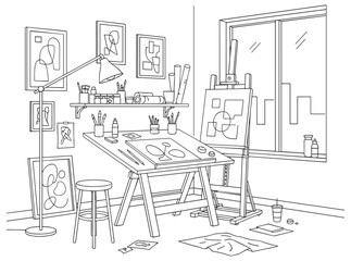 Artist's studio line drawing in black and white