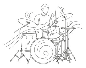 Fototapeta premium Drummer at drum set in line art style