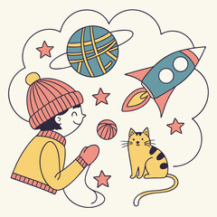 Naklejka premium Child dreaming of space and a cat with yarn imagination