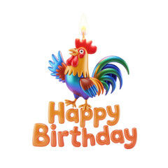 Colorful cartoon rooster with birthday candle isolated on transparent background