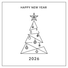 Christmas tree postcard illustration in geometric line art in black and white