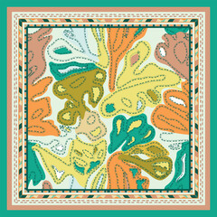 Obraz premium Colorful abstract square scarf pattern design featuring organic shapes in orange, yellow, green, and blue, framed by intricate borders.