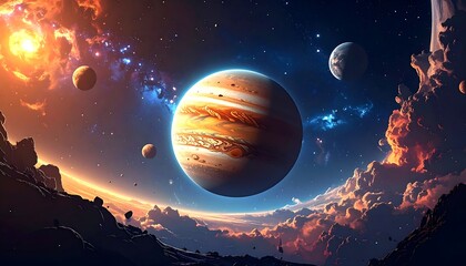 A vibrant cosmic panorama. A grand gas giant planet dominates the scene, surrounded by moons and nebulas in a colorful and imaginative deep space depiction