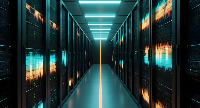 Illuminated Data Center Server Room with High-Tech Equipment