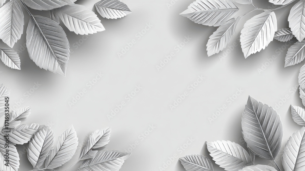 Poster elegant silver leaves create beautiful frame against soft gray background, adding touch of sophistic
