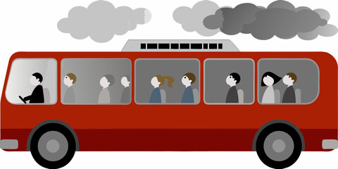 Stylized illustration of a red bus with diverse passengers and a driver under cloudy skies