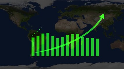 Green business growth global economy financial chart bar graph animation. upward arrow profit increase stock market economic development success concept, infographic world map background. - Powered by Adobe