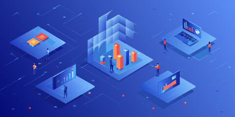Obraz premium Isometric digital data analysis and business intelligence with charts and graphs