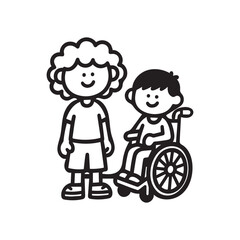 Happy Friends Standing Together with Wheelchair in Inclusive Coloring Page. 