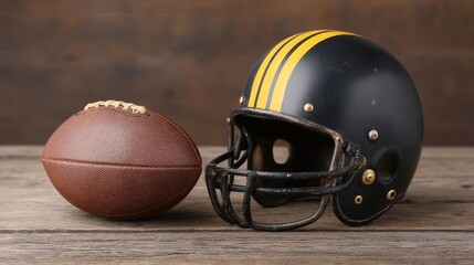 Vintage American football helmet and leather ball on rustic wooden background showcasing classic sports equipment for football enthusiasts and collectors