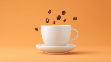 Obraz premium White coffee cup on saucer with flying coffee beans against a vibrant orange background creates an inviting and energetic atmosphere