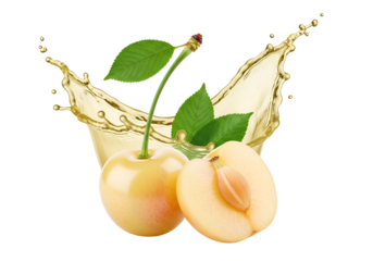 Fresh, pale yellow cherries and a sliced peach are beautifully highlighted by a vibrant juice splash against a striking black background.