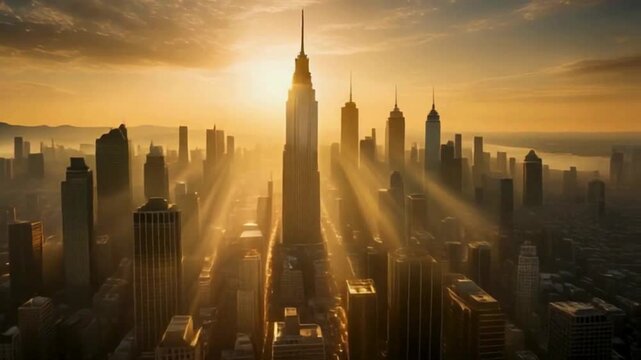 Golden hour aerial orbit around city landmark with haze and volumetric light &mdash; cinematic urban stock