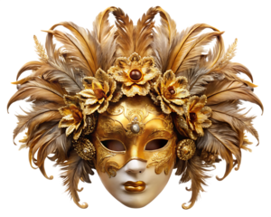 Ornate gold Venetian mask with feathers and flora isolated on a transparent background