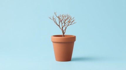 Obraz premium Decorative Terracotta Pot with Bare Branches on Blue Background Showcasing Minimalist Aesthetic for Home and Office Decor Ideas