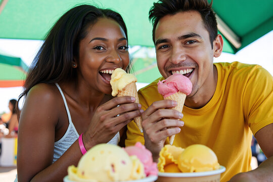 Happy diverse couple laughing and eating colorful ice cream cones on sunny summer day. Young man and woman enjoying sweet dessert treat together on romantic date or vacation