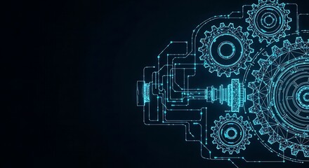 Obraz premium Intricate blue digital blueprint of interconnected gears and circuits on a dark background