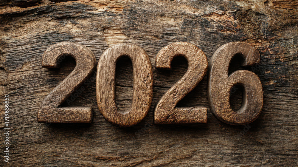 Poster wooden numbers representing year 2026 are displayed on rustic wooden background, creating warm and n