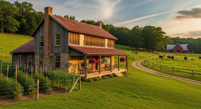 A rustic wooden house with a red roof and stone accents, surrounded by a lush green field with cows grazing and a barn in the distance.