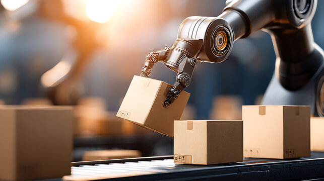 Robotic arm handling cardboard boxes in an automated warehouse setting - Powered by Adobe