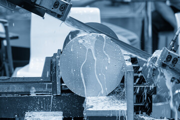 The band saw cutting machine cutting the metal shaft parts with coolant method in the light blue...